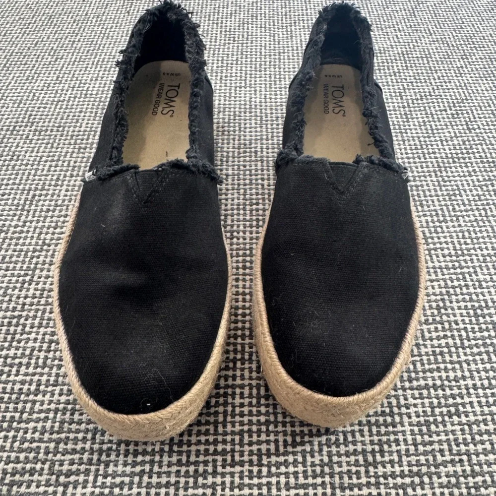 TOMS Alpargata Black Frayed Canvas Platform Espadrille Slip On Shoes Womens 9.5